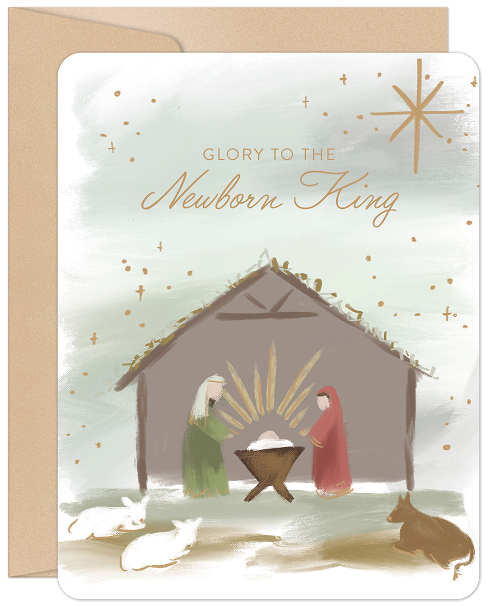 Religious Christmas greeting card featuring a watercolor nativity scene with Mary, Joseph, baby Jesus in a manger, and sheep under a star, with 'Glory to the Newborn King' text.
