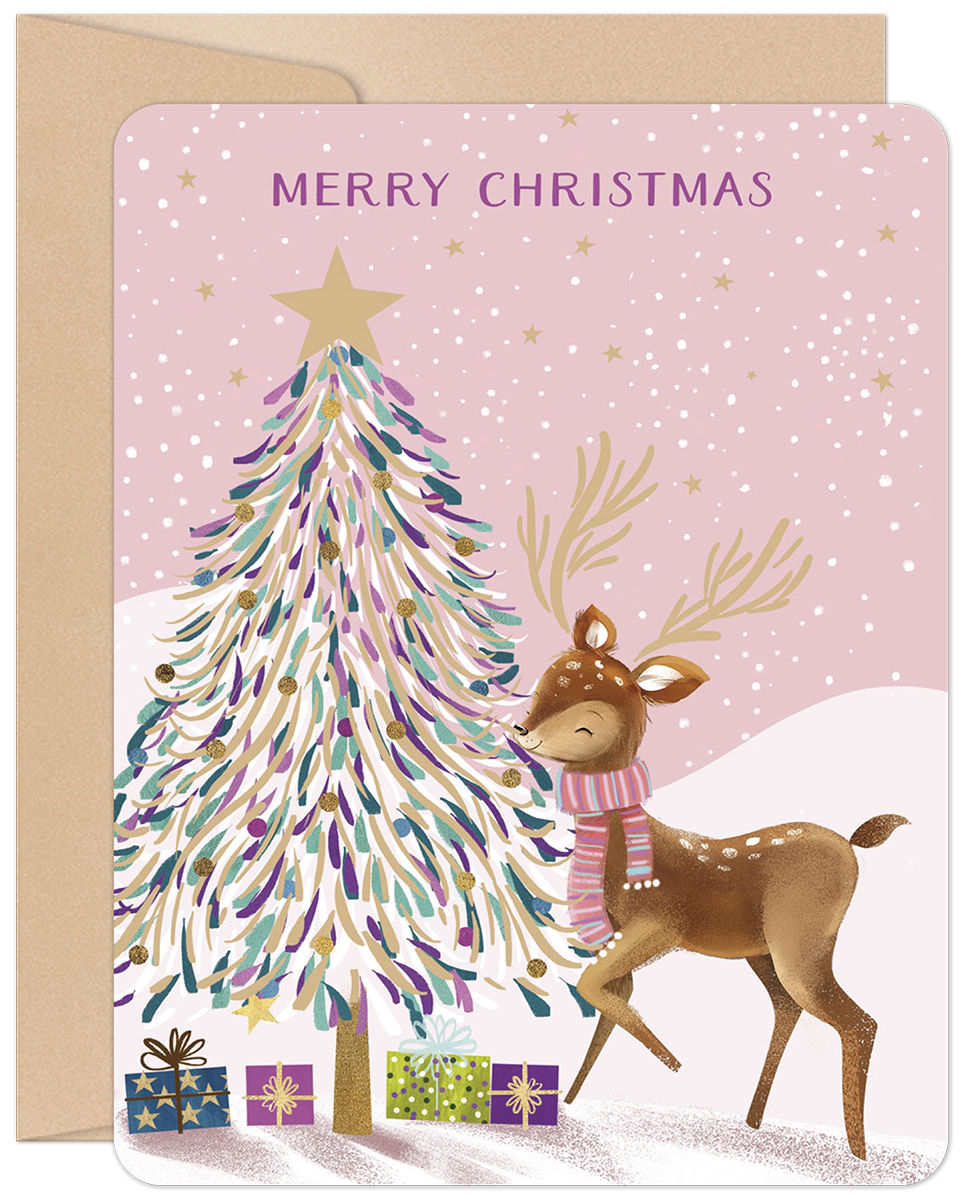 Whimsical pink festive greeting card featuring a reindeer wearing a striped scarf, a gold-starred decorated fir tree, and colorful presents under falling snow, with 'MERRY CHRISTMAS' text.