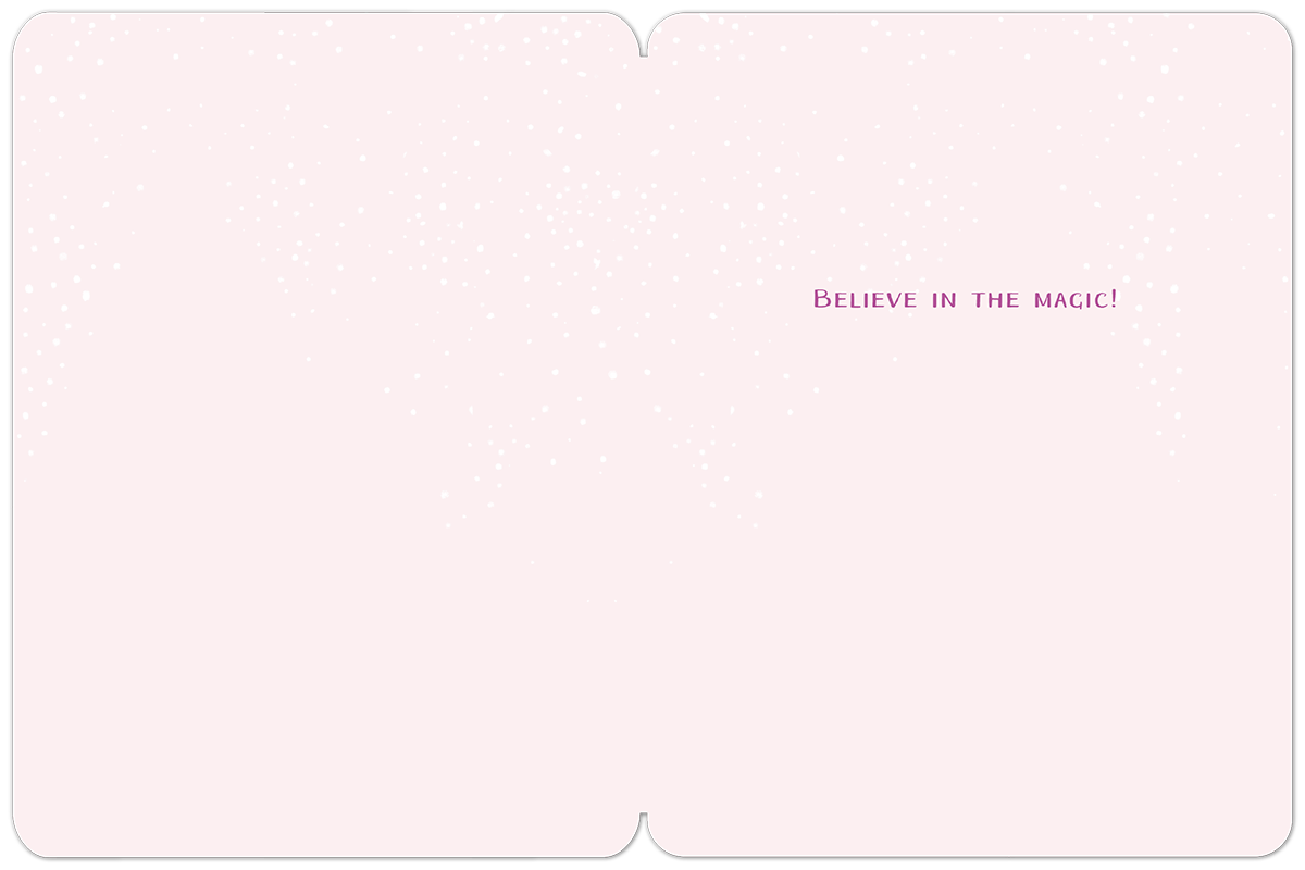 Inside of a light pink holiday greeting card, subtly textured with falling snow, displaying the magical message 'BELIEVE IN THE MAGIC!' in purple script.