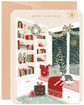 Cozy holiday greeting card featuring a bookshelf, festive decorations, snowy window, and a greyhound dog on a window seat with books and gifts, perfect for season's greetings.