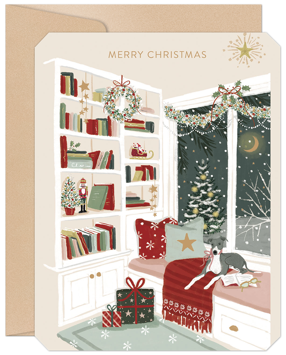 Cozy holiday greeting card featuring a bookshelf, festive decorations, snowy window, and a greyhound dog on a window seat with books and gifts, perfect for season's greetings.