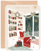 Cozy holiday greeting card featuring a bookshelf, festive decorations, snowy window, and a greyhound dog on a window seat with books and gifts, perfect for season's greetings.