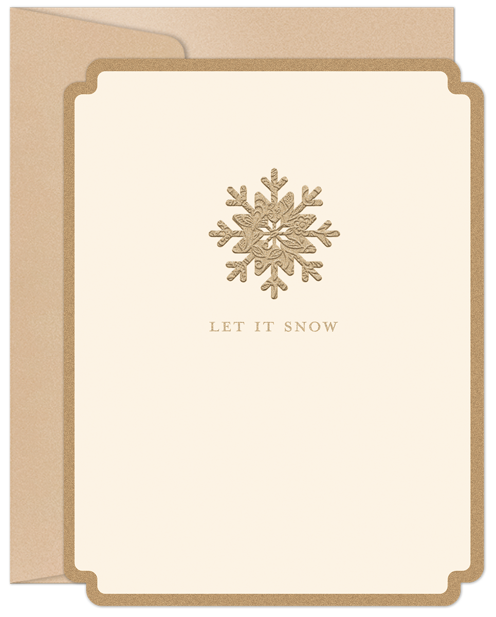Elegant winter greeting card set featuring an embossed gold snowflake on an off-white card with a brown envelope. The front reads 'LET IT SNOW' in a classic font, perfect for holiday season's greetings.