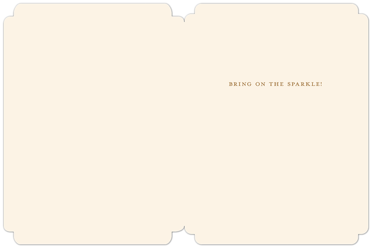 Open winter greeting card interior showing an off-white background and the phrase 'BRING ON THE SPARKLE!' in gold lettering, ideal for lighthearted seasonal wishes and festive correspondence.