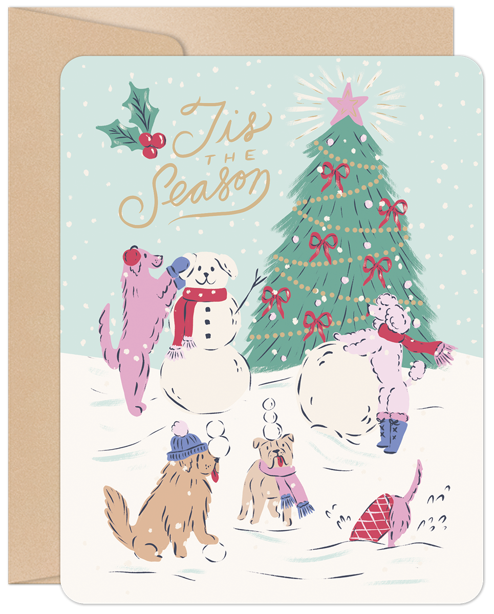 Cute illustration of dogs playing in a snowy winter scene around a decorated evergreen, building a snowman, perfect for festive greetings.