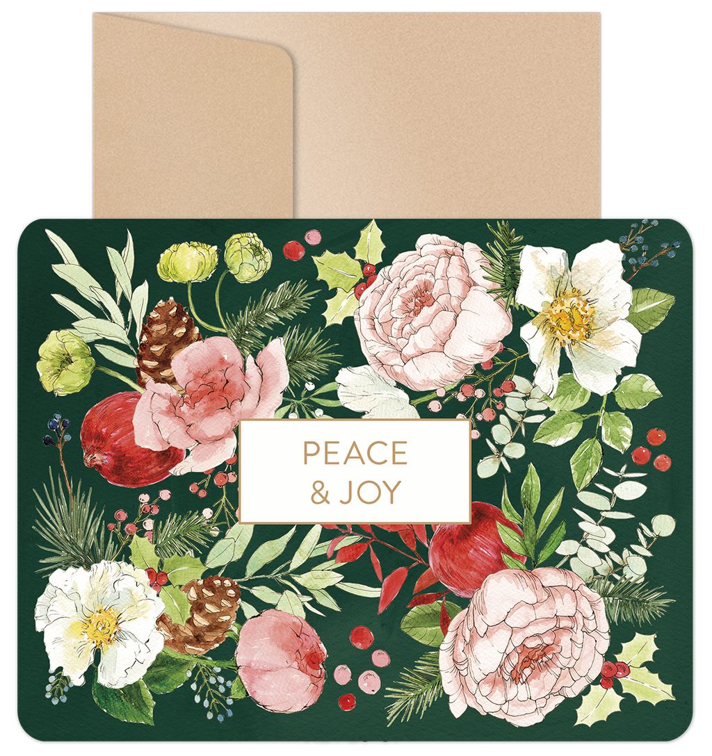 Elegant floral greeting card set with a dark green background, featuring watercolor pink peonies, white blooms, holly, pinecones, and red berries, with 'PEACE & JOY' in a gold frame, accompanied by a kraft envelope. Ideal for festive season greetings and thoughtful well wishes.