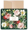 Elegant floral greeting card set with a dark green background, featuring watercolor pink peonies, white blooms, holly, pinecones, and red berries, with 'PEACE & JOY' in a gold frame, accompanied by a kraft envelope. Ideal for festive season greetings and thoughtful well wishes.