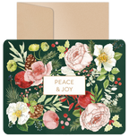 Elegant floral greeting card set with a dark green background, featuring watercolor pink peonies, white blooms, holly, pinecones, and red berries, with 'PEACE & JOY' in a gold frame, accompanied by a kraft envelope. Ideal for festive season greetings and thoughtful well wishes.