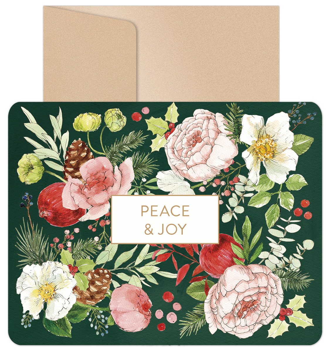 Elegant floral greeting card set with a dark green background, featuring watercolor pink peonies, white blooms, holly, pinecones, and red berries, with 'PEACE & JOY' in a gold frame, accompanied by a kraft envelope. Ideal for festive season greetings and thoughtful well wishes.