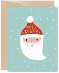 Cute Santa Claus 'Merry Vibes' greeting card with snowflakes on a light blue background, perfect for holiday greetings. Comes with kraft envelope.