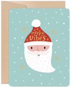 Cute Santa Claus 'Merry Vibes' greeting card with snowflakes on a light blue background, perfect for holiday greetings. Comes with kraft envelope.