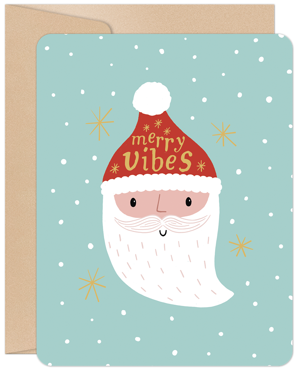 Cute Santa Claus 'Merry Vibes' greeting card with snowflakes on a light blue background, perfect for holiday greetings. Comes with kraft envelope.