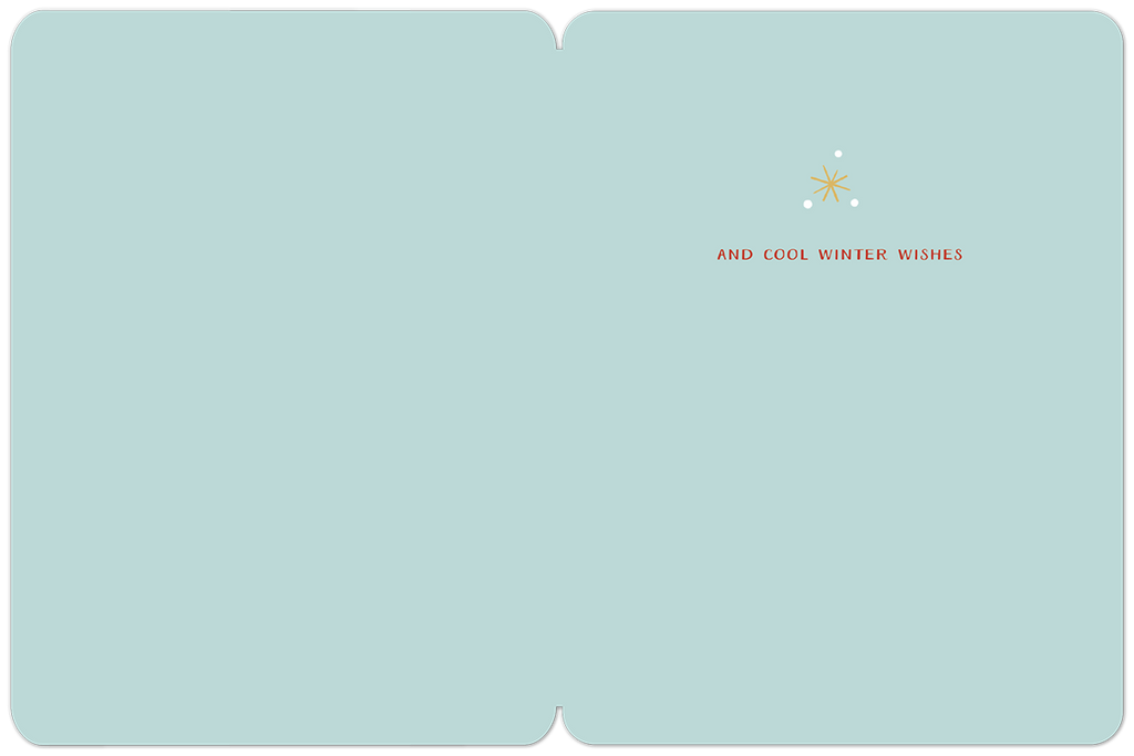 Inside of a holiday greeting card featuring a minimal snowflake design and the message 'AND COOL WINTER WISHES' on a light blue background.