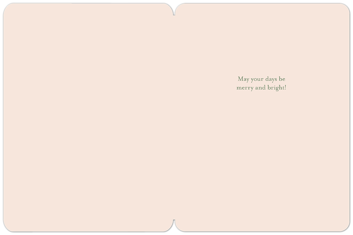 Inside view of an open seasonal greeting card with a soft pink interior, displaying the elegant green script 'May your days be merry and bright!'.