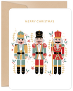 Nutcracker greeting card set front, festive holiday design, golden Merry Christmas text, whimsical figures, elegant seasonal stationery.