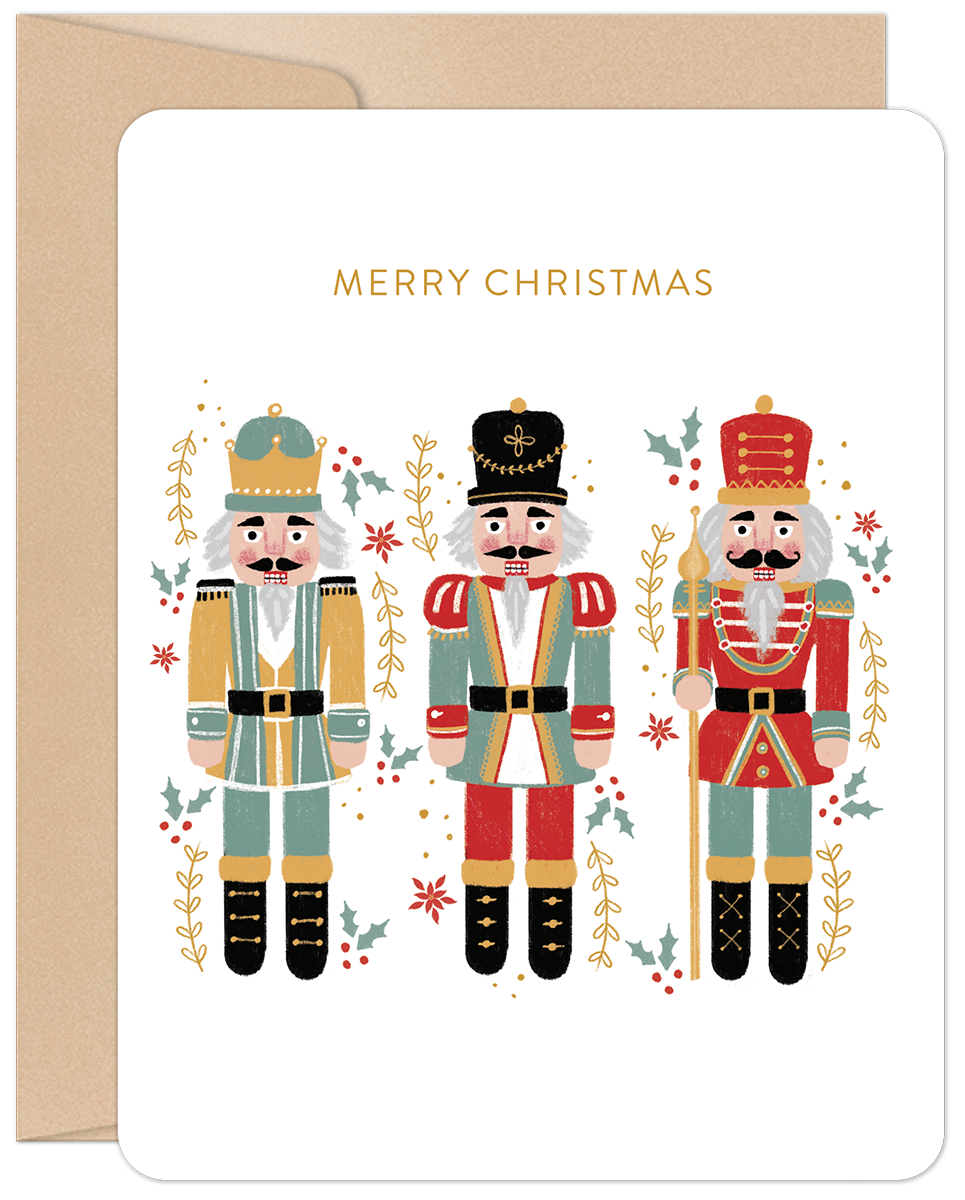Nutcracker greeting card set front, festive holiday design, golden Merry Christmas text, whimsical figures, elegant seasonal stationery.