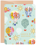 Vibrant floral hot air balloons float across a light mint green background with 'ABOVE & BEYOND' text. A brown kraft envelope peeks from behind the uplifting, whimsical design, perfect for sending encouragement.