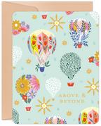 Vibrant floral hot air balloons float across a light mint green background with 'ABOVE & BEYOND' text. A brown kraft envelope peeks from behind the uplifting, whimsical design, perfect for sending encouragement.