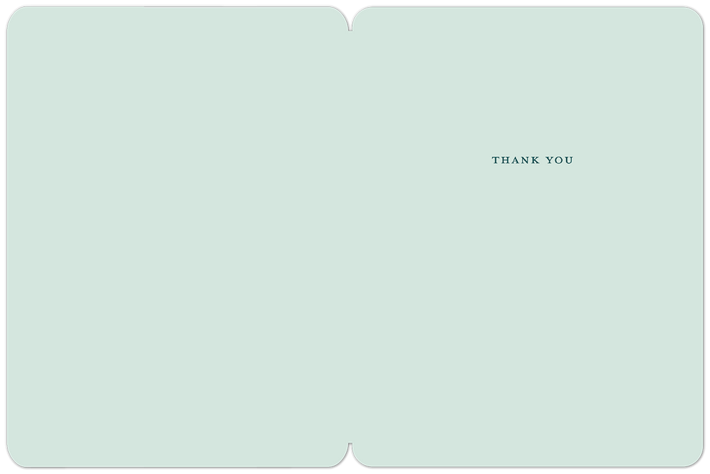 The interior of the greeting card, a serene mint green, features the elegant 'THANK YOU' message centered on the right side, ready for a personal note of appreciation.