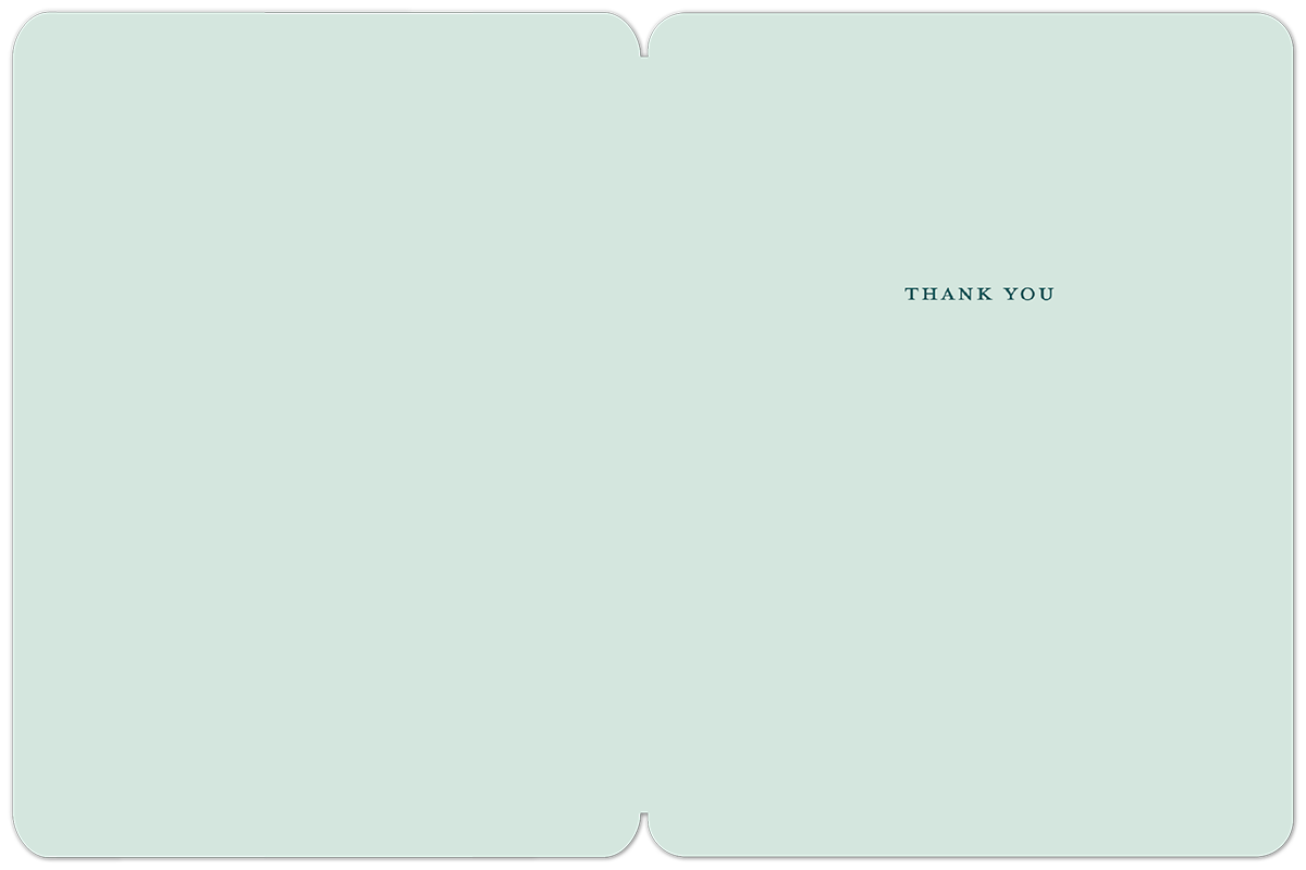 The interior of the greeting card, a serene mint green, features the elegant 'THANK YOU' message centered on the right side, ready for a personal note of appreciation.