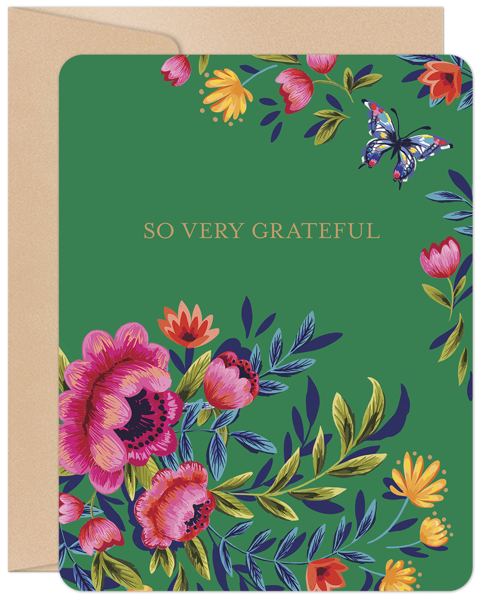 Vibrant green greeting card featuring an abundant floral design with pink peonies, orange and yellow flowers, and a colorful butterfly, with 'SO VERY GRATEFUL' in elegant gold text, accompanied by a kraft brown envelope.