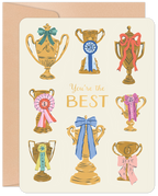 Front of an uplifting greeting card featuring nine gold trophies with colorful ribbons, showcasing the phrase 'You're the BEST' in bold, celebratory typography. Perfect for acknowledging achievements or showing appreciation.