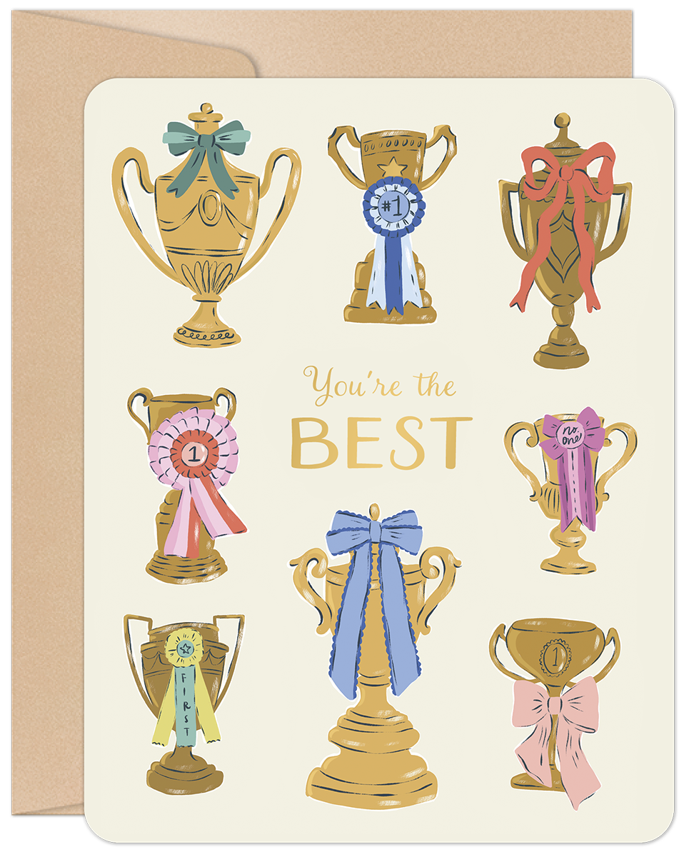 Front of an uplifting greeting card featuring nine gold trophies with colorful ribbons, showcasing the phrase 'You're the BEST' in bold, celebratory typography. Perfect for acknowledging achievements or showing appreciation.