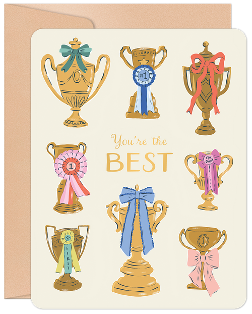 Front of a 'You're the BEST' greeting card from a set, featuring nine gold trophies with colorful ribbons (pink, blue, green, yellow) on a cream background, ideal for celebrating accomplishments and appreciation. Includes a craft paper envelope.