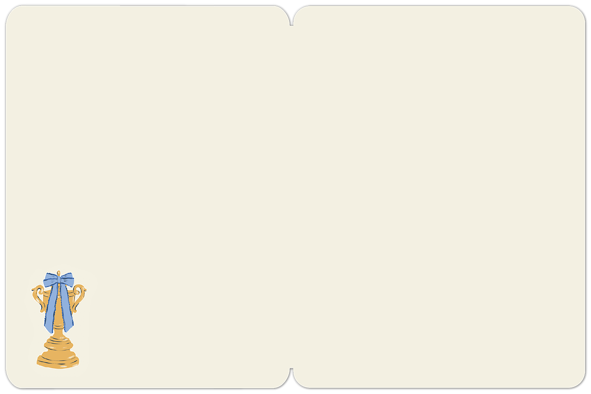 Inside of a blank greeting card, offering ample space for a personalized message, with a small gold trophy adorned with a blue ribbon in the bottom left corner, complementing the celebratory theme.