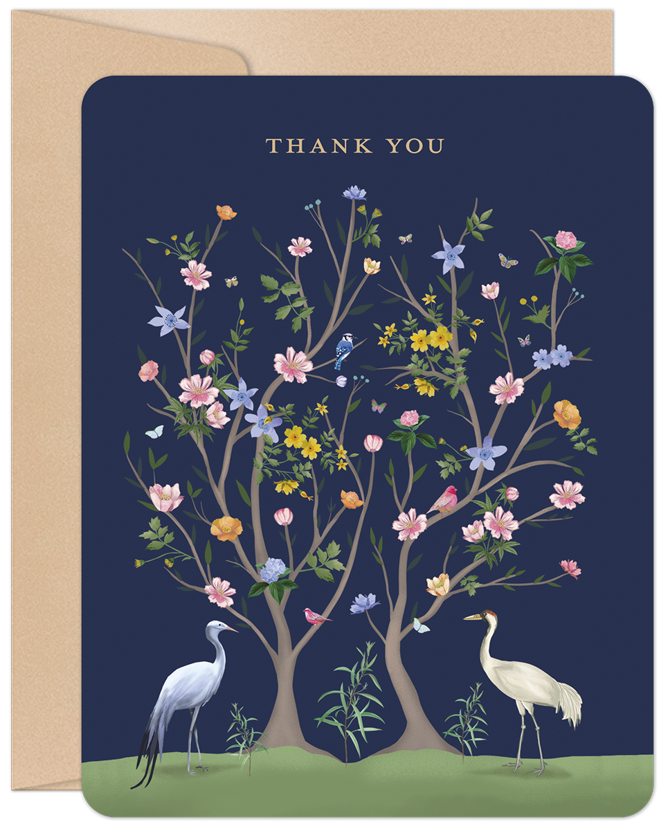 Elegant Thank You greeting card featuring two cranes under blossoming trees, with gold text and a dark blue background on a kraft envelope.