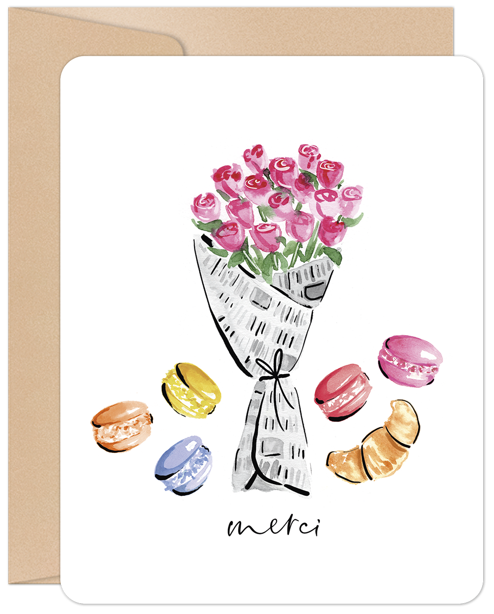 Watercolor art greeting card featuring a bouquet of pink roses, colorful macarons, a croissant, and 'merci' script, perfect for sending thanks.