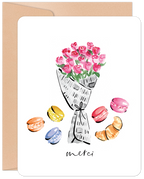 Watercolor art greeting card featuring a bouquet of pink roses, colorful macarons, a croissant, and 'merci' script, perfect for sending thanks.