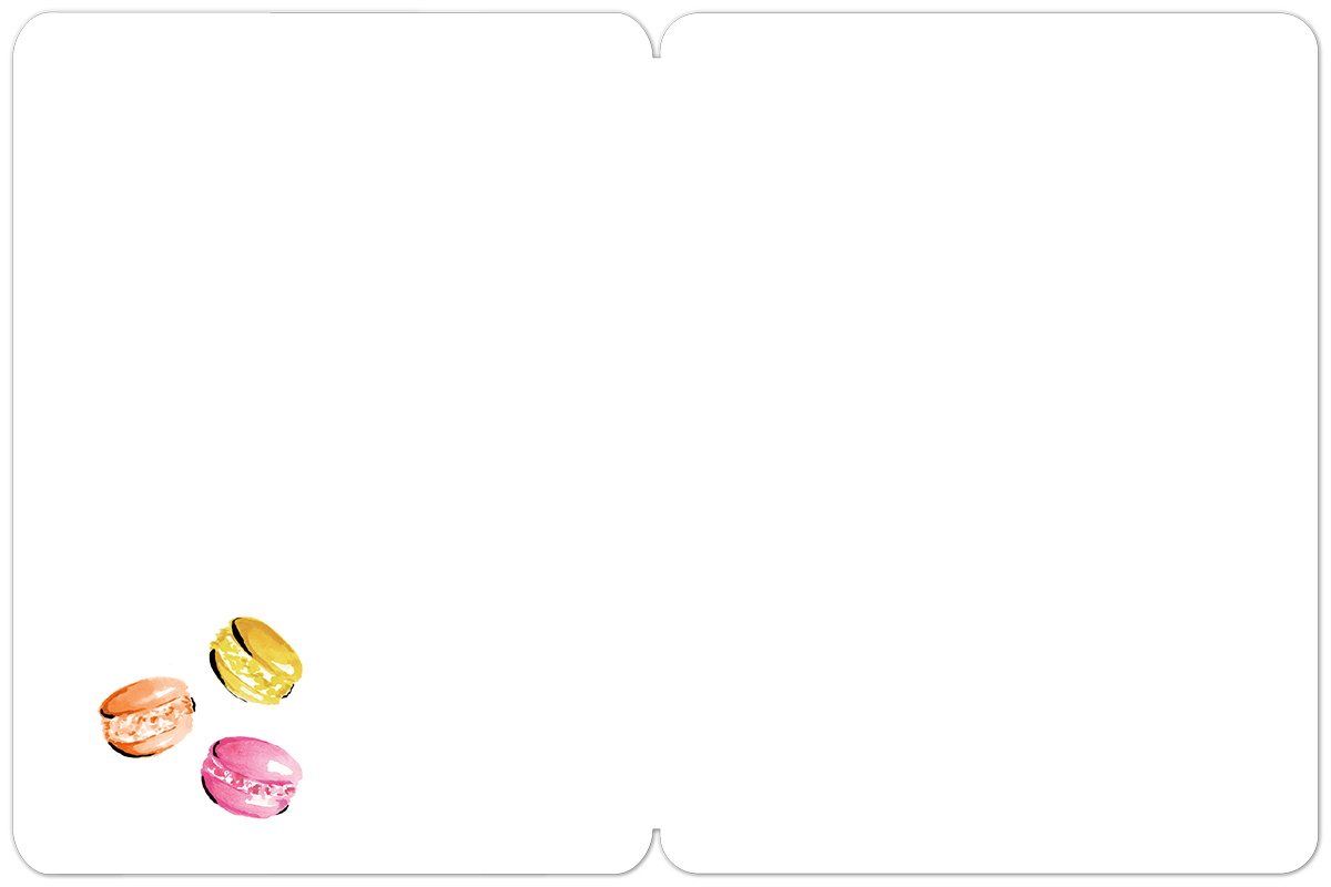 Blank interior of a thank you card with small watercolor macarons in the corner, ready for a personalized message.