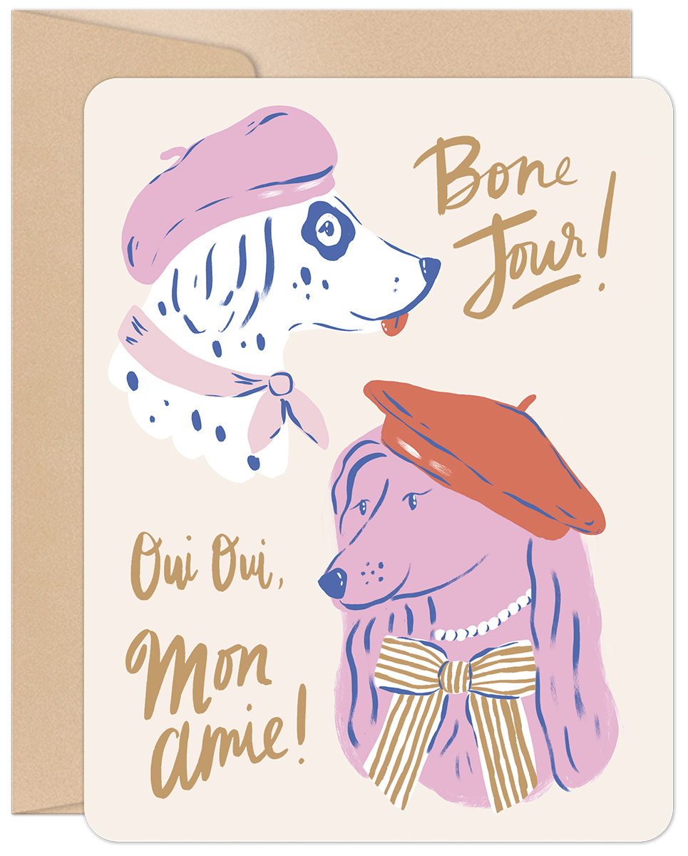 Whimsical greeting card front featuring two charming dogs in berets, one a dalmatian in pink and one a poodle in red, with 'Bone Jour!' and 'Oui Oui, Mon Amie!' text, perfect for dog lovers.