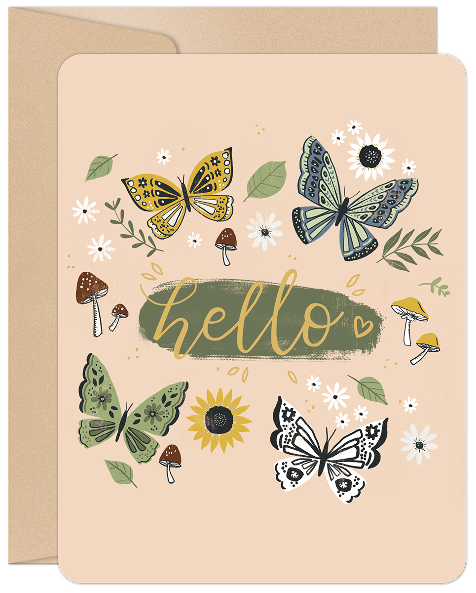 Whimsical greeting card featuring colorful butterflies, wildflowers, mushrooms, and a handwritten 'hello' in a nature-inspired, lighthearted design.