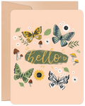 Whimsical greeting card featuring colorful butterflies, wildflowers, mushrooms, and a handwritten 'hello' in a nature-inspired, lighthearted design.