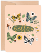 Whimsical greeting card featuring colorful butterflies, wildflowers, mushrooms, and a handwritten 'hello' in a nature-inspired, lighthearted design.