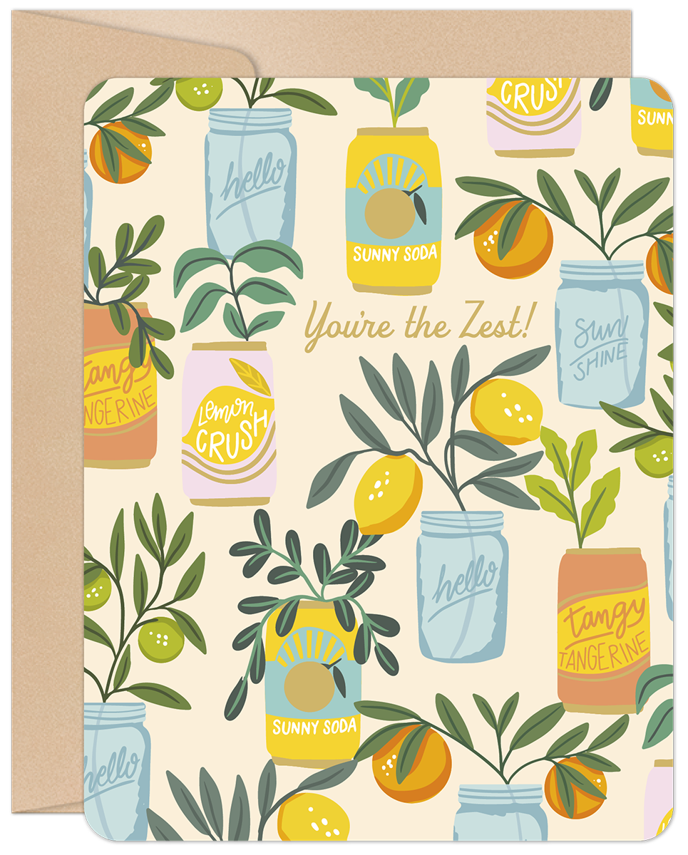 A square greeting card featuring a vibrant pattern of lemons, oranges, and greenery in mason jars and soda cans, with the gold script text "You're the Zest!". A kraft paper envelope is partially visible behind the card.