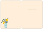 The open interior of a cream-colored greeting card with a simple black border. The phrase "Thank you so much" is written in elegant script on the right side, and a small lemon branch in a mason jar illustration is in the bottom left corner.