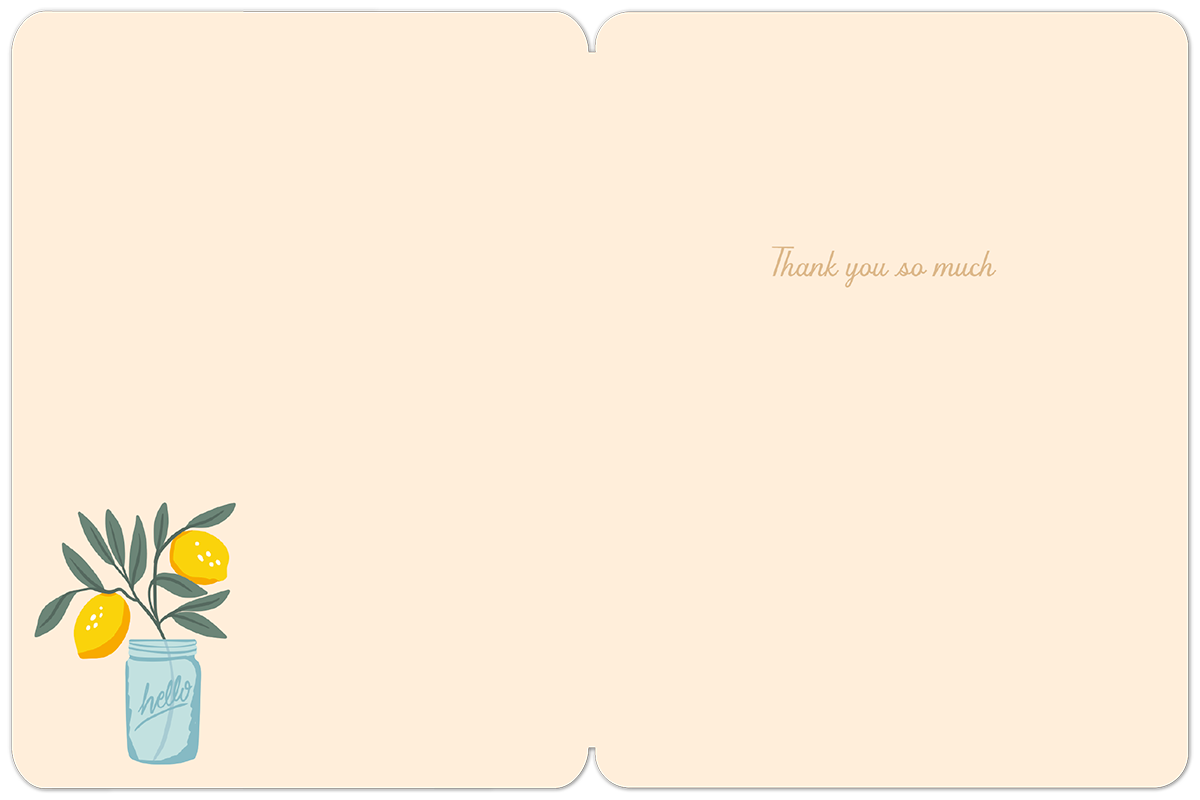 The open interior of a cream-colored greeting card with a simple black border. The phrase "Thank you so much" is written in elegant script on the right side, and a small lemon branch in a mason jar illustration is in the bottom left corner.