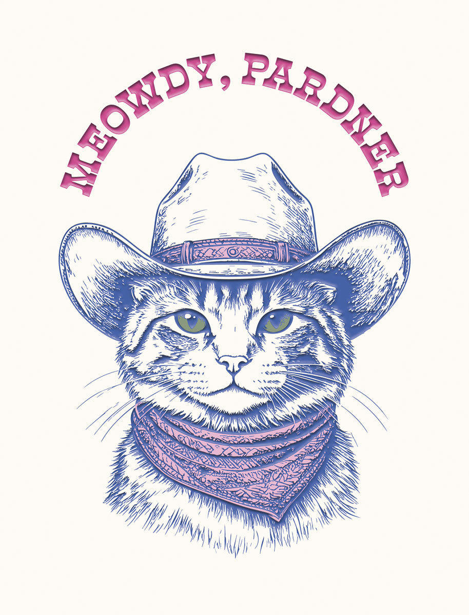 Close-up of a whimsical greeting card featuring an illustrated cat wearing a blue cowboy hat and pink bandana with text 'MEOWDY, PARDNER' in pink, perfect for a funny message to a pal.