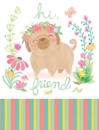 Charming friendship greeting card featuring a cute brown pug puppy wearing a floral wreath, surrounded by cheerful wildflowers, butterflies, and the words 'hi, friend' in a playful script, with a colorful striped bottom border.