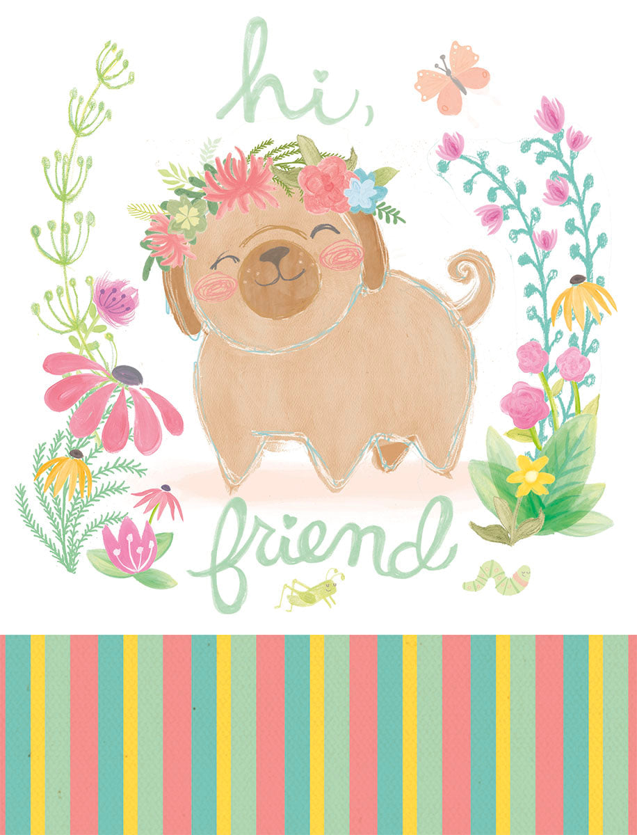 Charming friendship greeting card featuring a cute brown pug puppy wearing a floral wreath, surrounded by cheerful wildflowers, butterflies, and the words 'hi, friend' in a playful script, with a colorful striped bottom border.