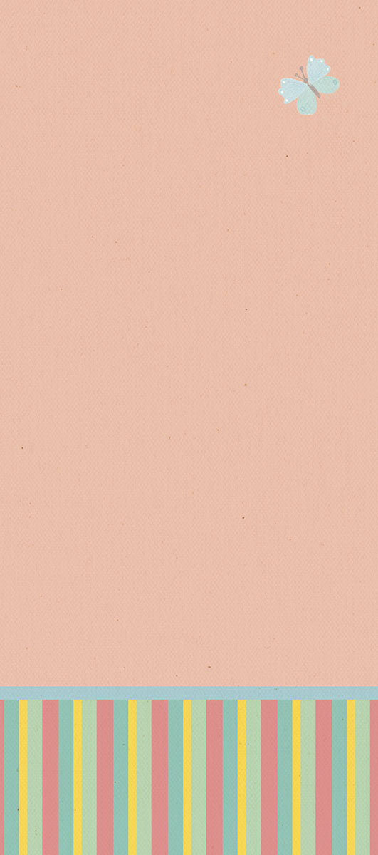 Inside of a cute greeting card with a soft peach background, a light blue butterfly in the top right corner, and a vibrant striped pattern along the bottom edge, ready for a personalized message.