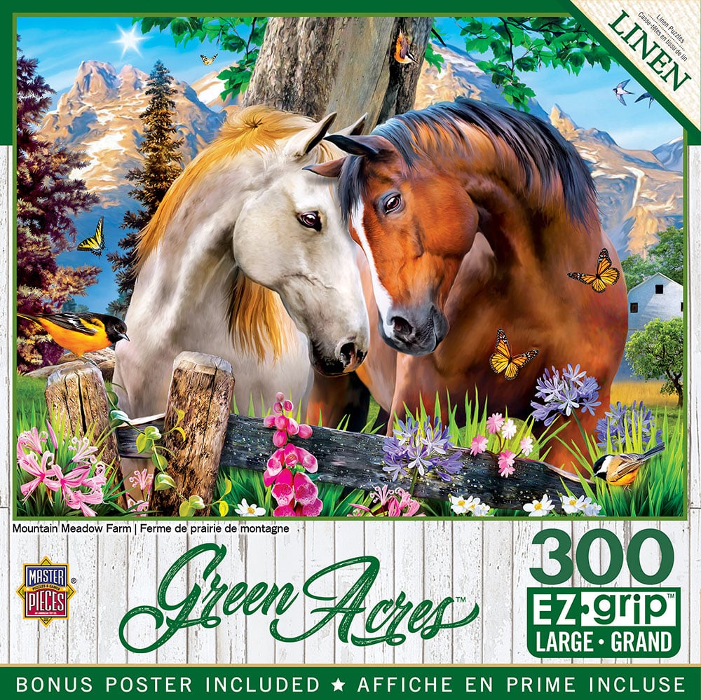 Nuzzling horses surrounded by flowers and with mountains in background