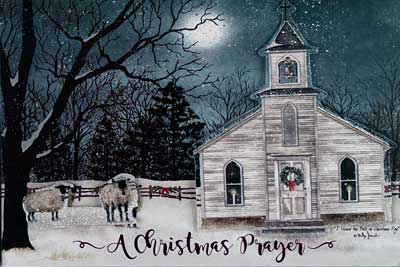 Two sheep outside of country church on snowy night