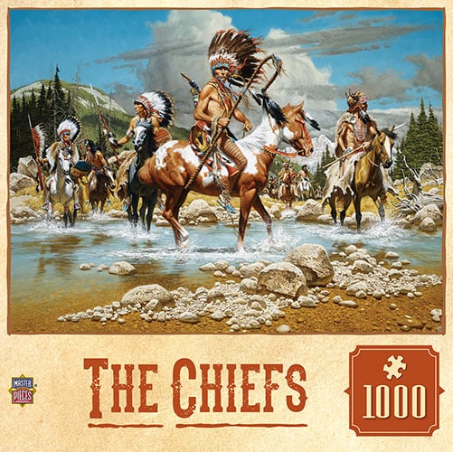 Group of Native American Indian Chiefs on horses in stream