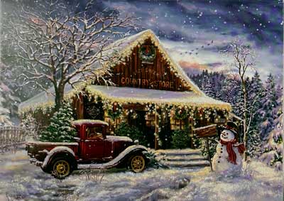 Old truck with Christmas tree parked next to snowman in front of old country store